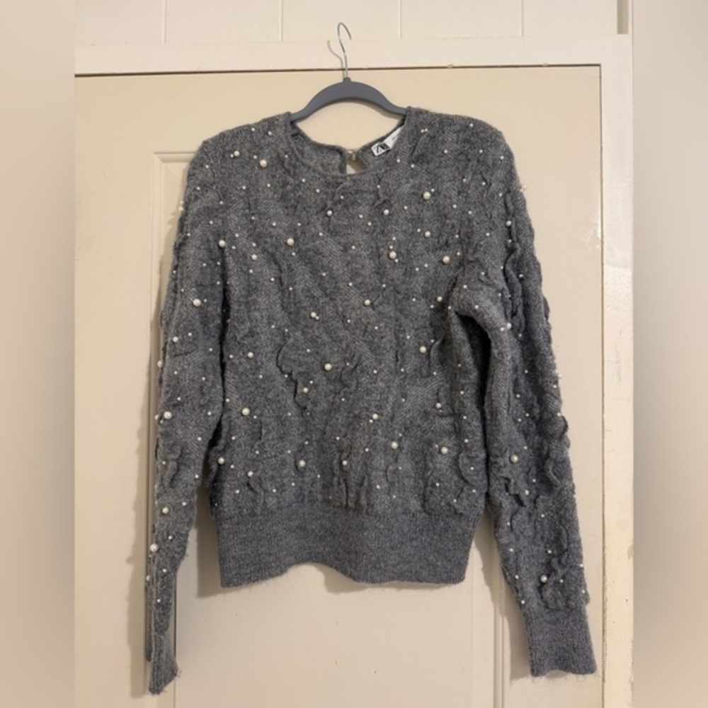 Zara Gray Sweater Gray Textured Wool Blend Cozy Chunky Sweater Coquette - Picture 3 of 6